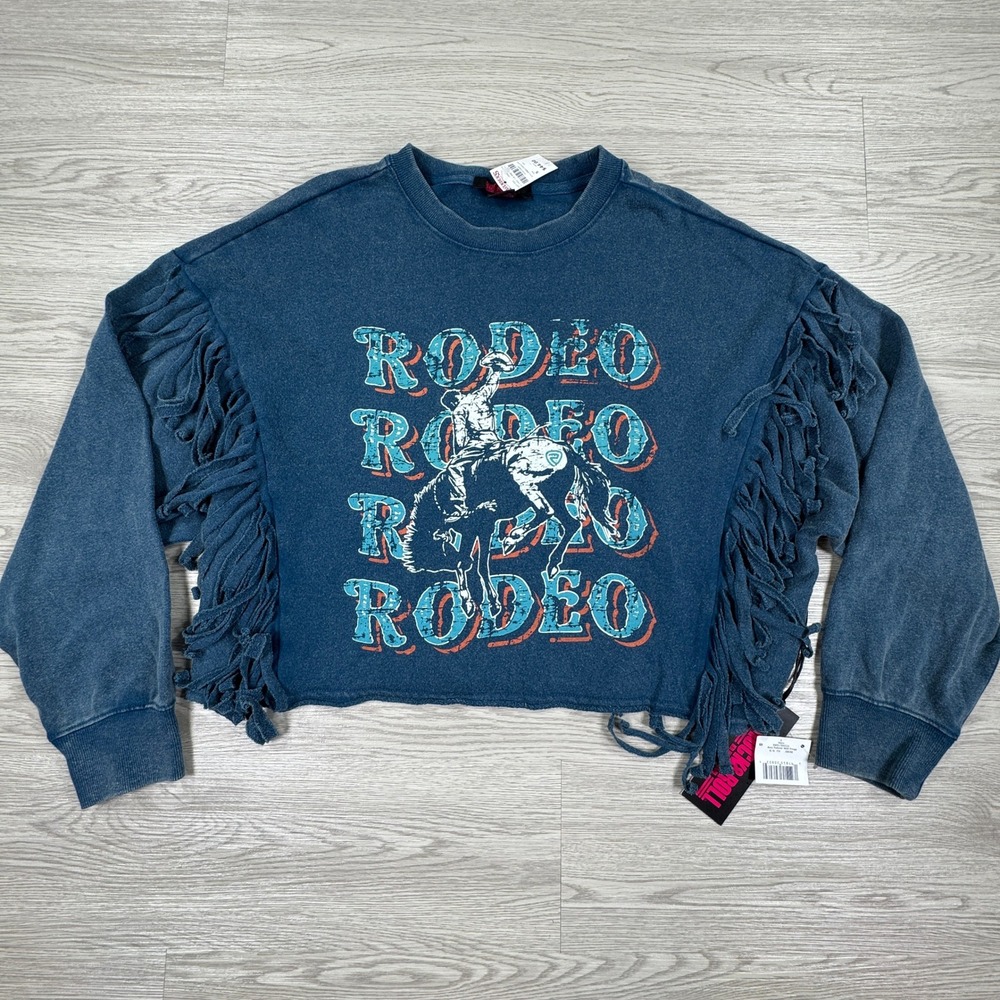 Rock & Roll Denim Women's Pullover Rodeo Graphic Fringe Navy‎ Blue Small NWT